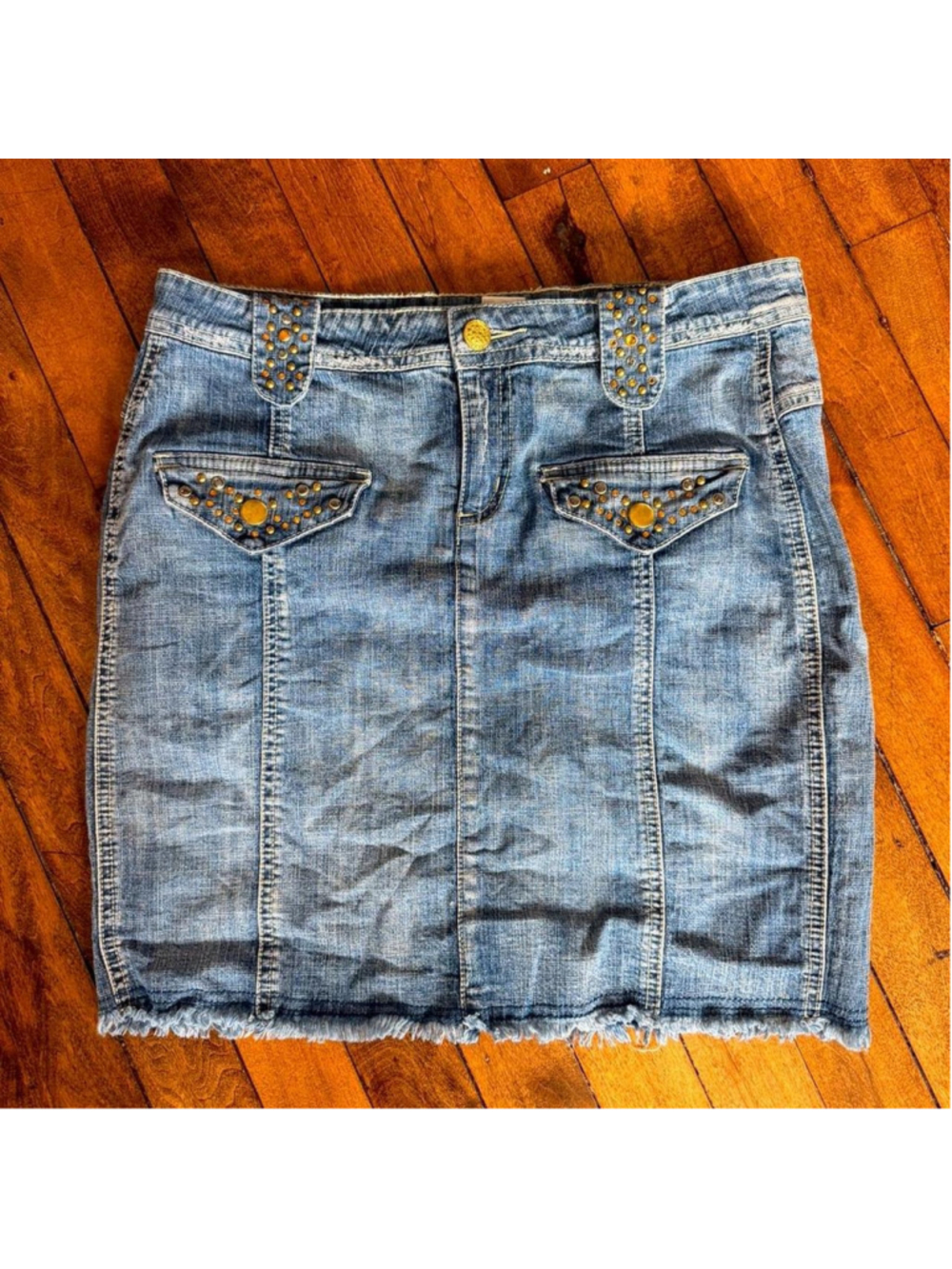 Cache blue denim mini skirt with studs and buttons